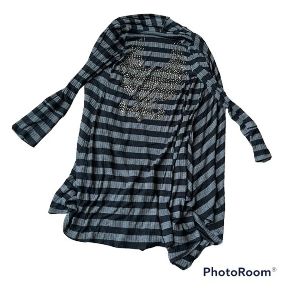 S.Twelve Gray Black Striped Skull Rhinestone Draped Cardigan Duster small